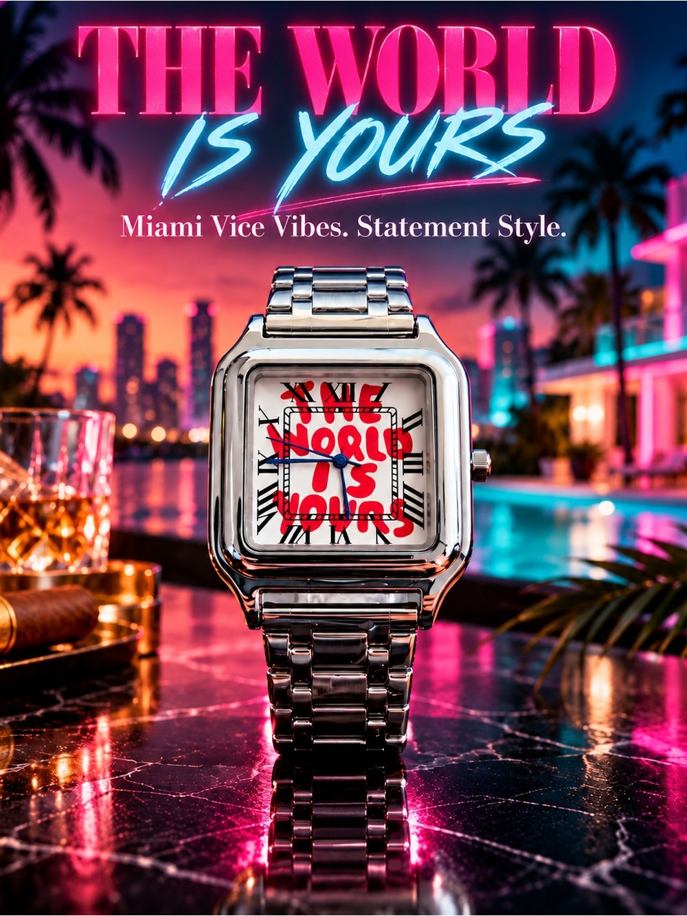 Silver Square Graffiti Dial Watch – “The World Is Yours” Statement Style